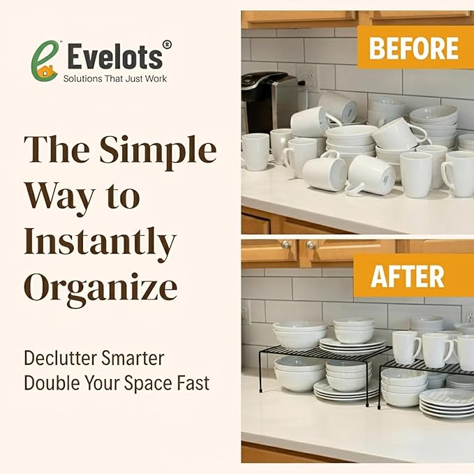Evelots Kitchen Cabinet Wire Shelf Organizer/Rack - 6 Pack Sturdy Metal Shelf Risers - Double Your Counter Space - Great for Kitchen, Freezer, Pantry and Bathroom - Rustproof - Black