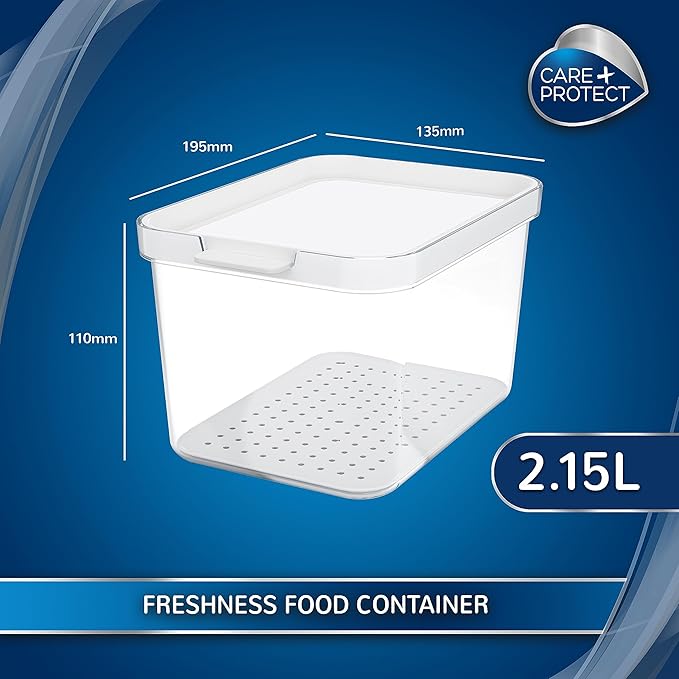 CARE + PROTECT Smart Food Container, Perfectly Stackable, Fridge Organiser, Protect Food From Moisture, Keep Food Fresh Longer 2.15L
