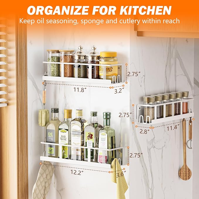 Bunoxea Spice Rack Wall Mounted 3 Pack,RV Spice Rack,White | 12 Built-in Hooks,3 Versatile Sizes, Space-Saving,Flat Base, Screw or Adhesive, For Kitchen Cabinet, Pantry Door,Stove,RV