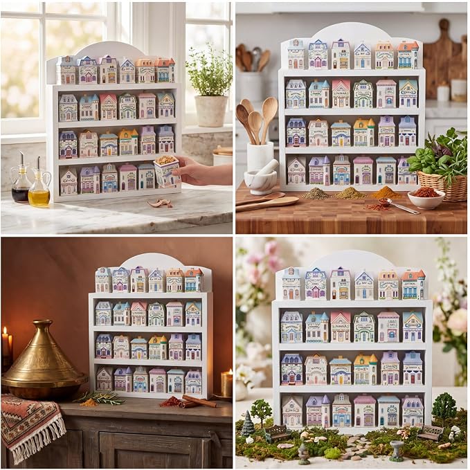 Chunful Vintage Spice Jar Wooden Rack White Scalloped Top Spice Shelf for 24 Jars, Village Style Wall Mounting Kitchen Storage Decorative Hanging Display Rack, Shelf Only(17 x 14.5 Inches)