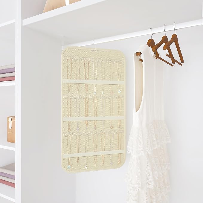 Double-Sided Hanging Jewelry Organizer for Necklaces Earrings, 2-Pack Beige | Foldable 36 hooks & 40 clear pockets; swivel hook fits walls, doors & rods for earrings, bracelets, rings & small jewelry