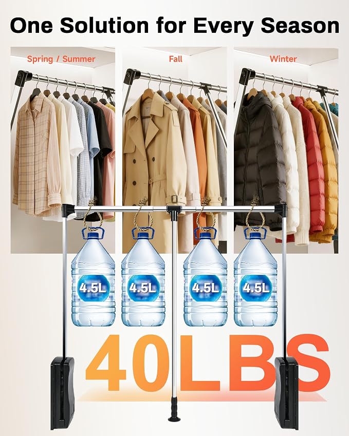 Pull Down Closet Rod, 24‘’-33‘’ Adjustable, 40 lbs Capacity | Polished Metal Surface, Two-Way Buffering System, Smooth Pull-Down Access, Side-Mounted Design, Space-Saving Closet Organizer