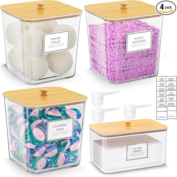 HomePekite Laundry Pods Storage Container, Clear Laundry Room Organization and Storage ,Detergent Powder Container,with Wooden Lids & Labels, 3+1 Pack