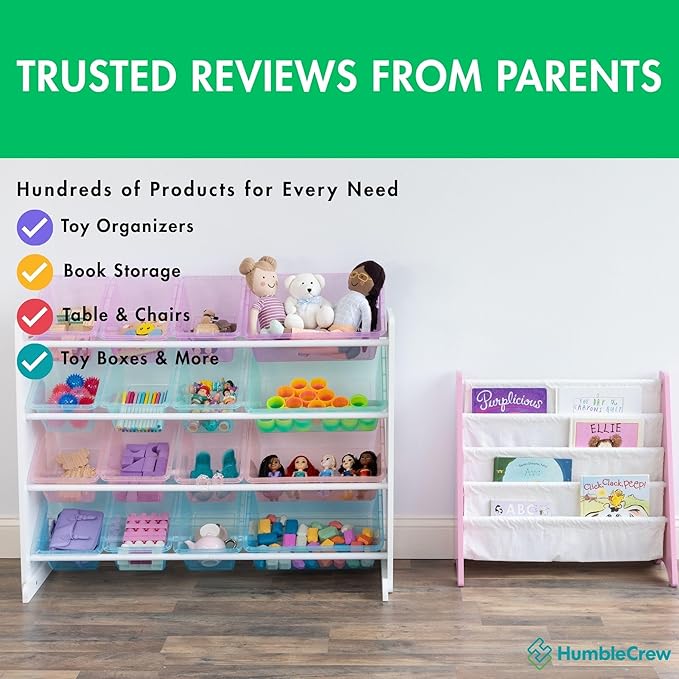 Humble Crew Toy Storage Organizer with 16 Removable Storage Bins for Kids Playroom, 4-Tier Toddler Toy Organization and Storage, White/Purple/Pink/Blue