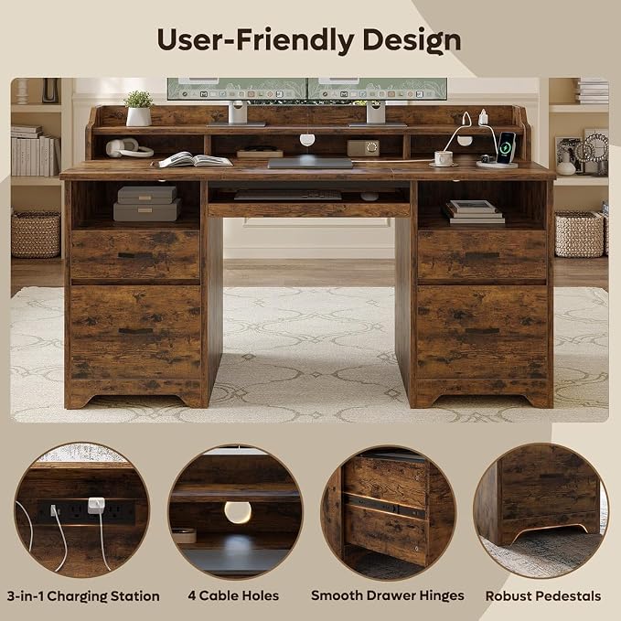 Bestier 59" Executive Desk with Charging Station & Monitor Stand, Brown | Farmhouse Wood Computer Desk with Drawers, Home Office Desk with Keyboard Tray, Sturdy Pedestal Desk for Work Study