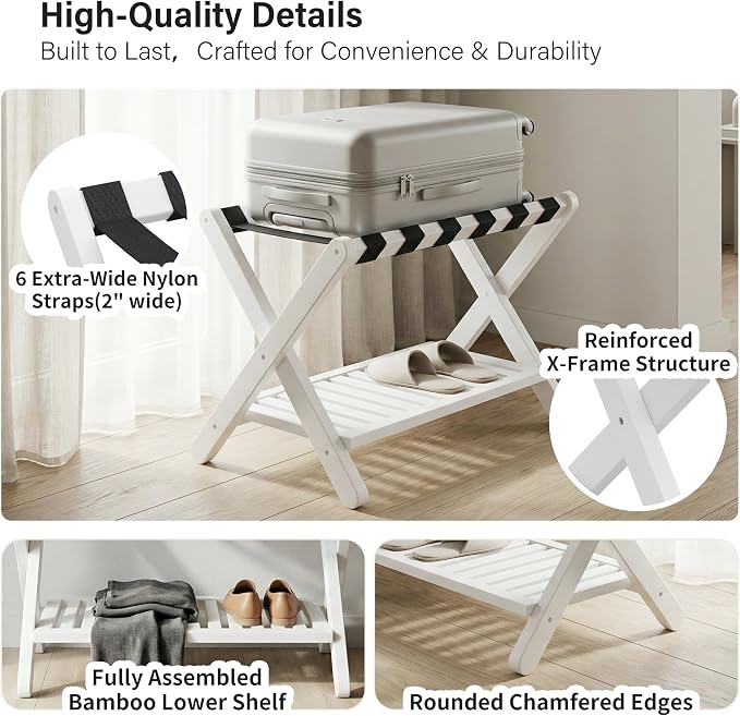 Heybly Luggage Rack for Guest Room,Set of 2, Bamboo Folding Luggage Stand & Suitcase Holder, 5 Heavy-Duty Straps,Holds up to 165 Lbs, Heavy Duty Luggage Rack for Bedroom Hotel, White, HLR013W2