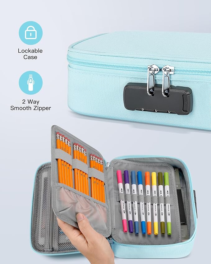 Zannaki Large Capacity Pencil Pouch Case with Lock, Pen Marker Stationery Bag Art Supply Storage Organizer Box for Bullet Journal Middle High School College Student Teen Girl Women Adult, Mint Green