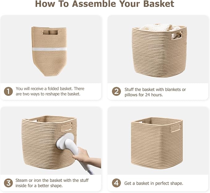 UBBCARE Set of 4 Storage Basket-13 X 13 X 13 In, Cotton Rope Basket for Shelves, Toys, Book, Cube Storage Bins with Handles, Woven Storage Basket for Organizing, Brown
