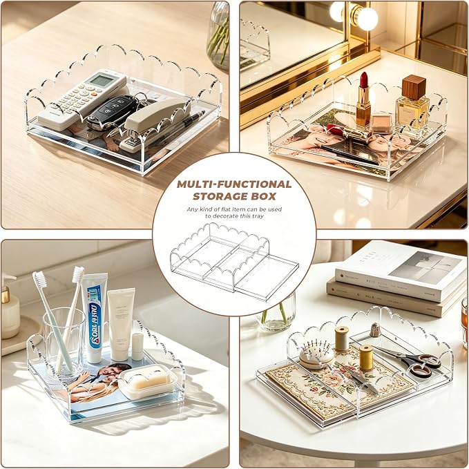 Acrylic Tray with Insert, 8 x 8 Inch Scalloped Clear Acrylic Decorative Tray for Needlepoint, Organizer Tray with 2 Magnets Slide Out Drawer Insert Photos Fabrics Pictures for Home Decor Gift