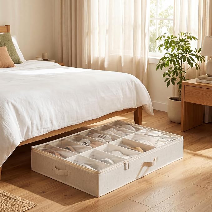 StorageWorks 2-Pack 24-Pair Underbed Shoe Storage Organizer, Linen Beige | Rustic Linen Fabric, Adjustable Dividers, 5.25" Height, Fits 6-inch+ Clearance, Clear Top, Soft Handles, For Closet, Bedroom