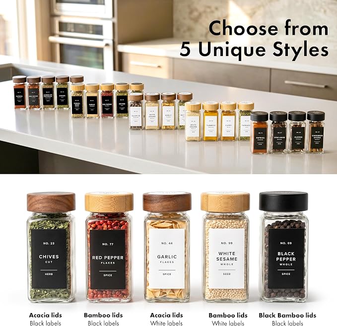 EDELHAUS Glass Spice Jars with Label, 36x Bamboo Wooden Lids - Black Labels | Airtight Lids keep spices fresh, Kitchen Spice Drawer Organizer, 4oz Seasoning Containers incl. Funnel, Brush & 240 Labels