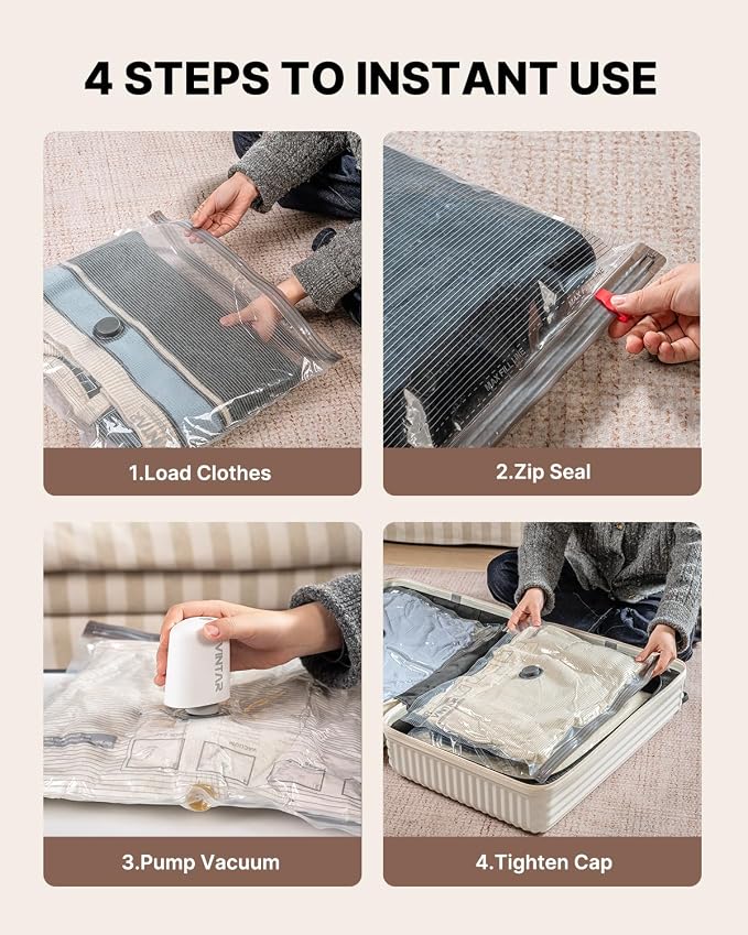 Vacuum Seal Bags for Clothing Travel with Rechargeable Cordless Pump, VINTAR 12 Pack Space Saver Vacuum Storage Bags(3J+3L+3M+3S), Compression Packing Bags for Luggage and Suitcase