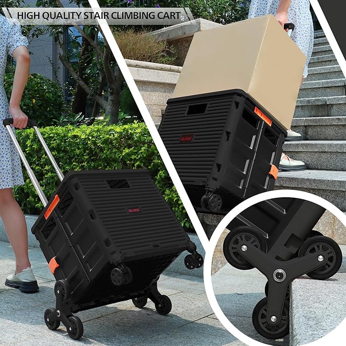 SELORSS Foldable Utility Cart Collapsible Crate Rolling Carts with Stair Climbing Wheels Rolling Tote Basket Teacher Cart with Lid Wear-Resistant 360°Rotate Wheel Noiseless for Moving Office-Black