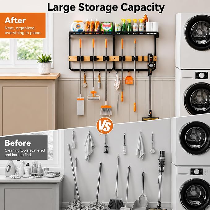 Large Broom Mop Holder Wall Mounted with Top Shelf,3-in-1 Cleaning Supplies Organizer, Laundry Room Storage Rack with 5 Clamps and 6 Removable Hooks for Home Garage, Utility Room and Kitchen