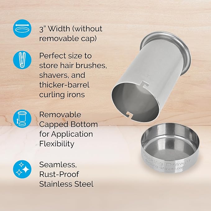 Docking Drawer 3" Stainless Steel Canister for Hot Tools, Capped Design, Safely Stow Styling Tools