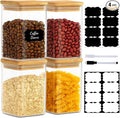 TBWIND 37oz(1.2Qt) Square Glass Storage Containers with Bamboo Lids – 4 Pack Clear Food Airtight Glass Jars for Pantry Organizers and Storage, Kitchen Dry Food, Coffee, Sugar, Flour, Snacks, Spices