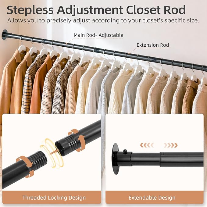 STORAGE MANIAC Closet Rods for Hanging Clothes 17.5 to 61 Inches Heavy Duty Stepless Adjustable Closet Hanging Rod 1.2 Inch Diameter Metal Closet Rod for Wardrobe Bathroom Bedroom Laundry RV, Black