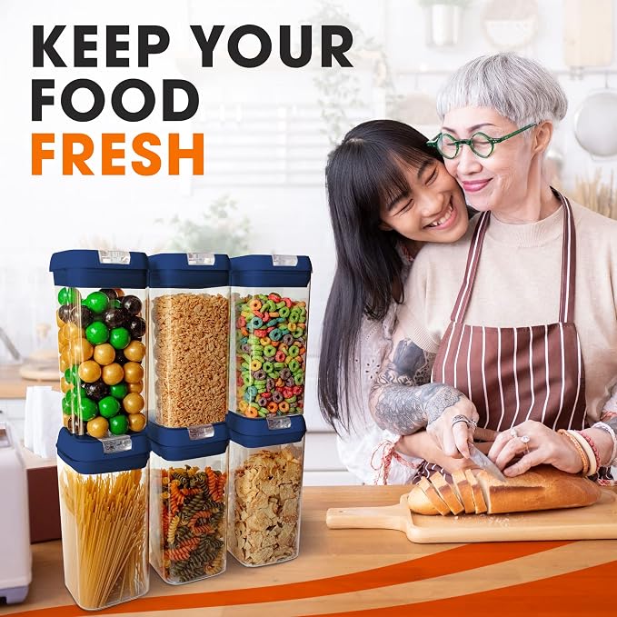 Set of 6 Airtight Food Storage Containers - Pantry Organizer Bins, BPA Free Plastic Containers plus Dry Erase Marker and Labels, Navy