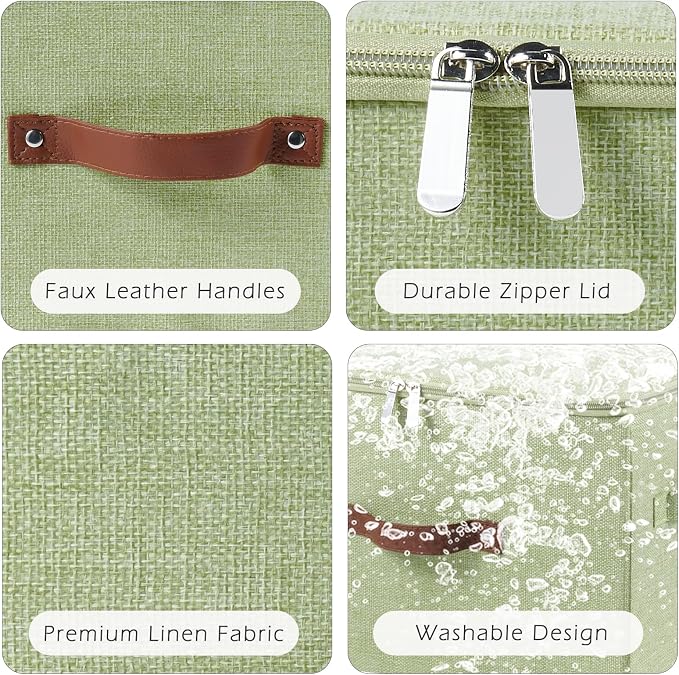 Storage Bins with Zipper Lid Cotton Linen Fabric Lidded Storage Baskets Boxes Foldable Washable Closet Shelf Clothes Organizer Container with PU Leather Handles (Green, Large Size)