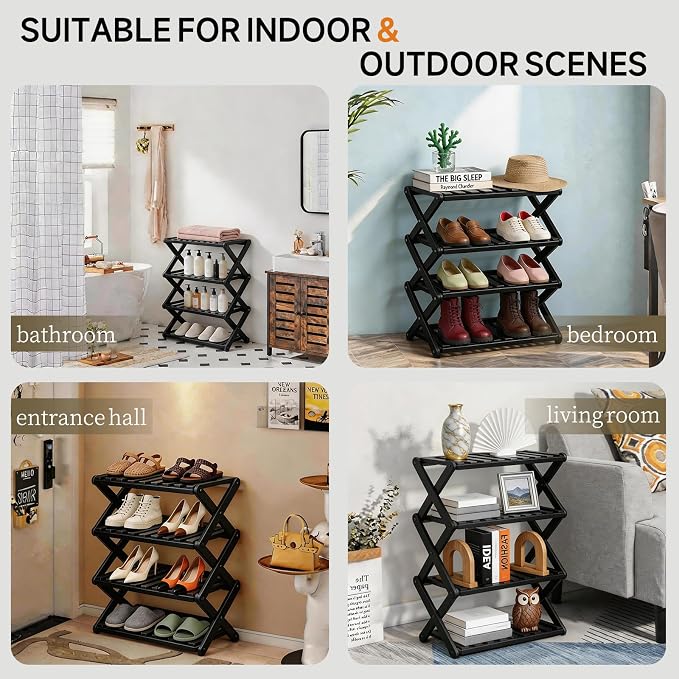 4 Tier Bamboo Shoe Rack Black,Portable Folding Shoe Storage Rack,Without Installation Small Shoe Rack Perfect for Corridors, Drom, Bedrooms and Small Spaces