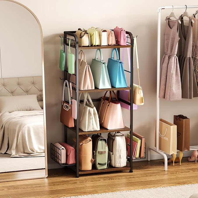 koozuuyk 4-Tier Purse Organizer for Closet with 3 Side Hooks and 2 Baskets, High Capacity Purse Rack Stand for Purse Storage, Metal & Wood Handbag Holder for Handbag Organizer, Patent Pending