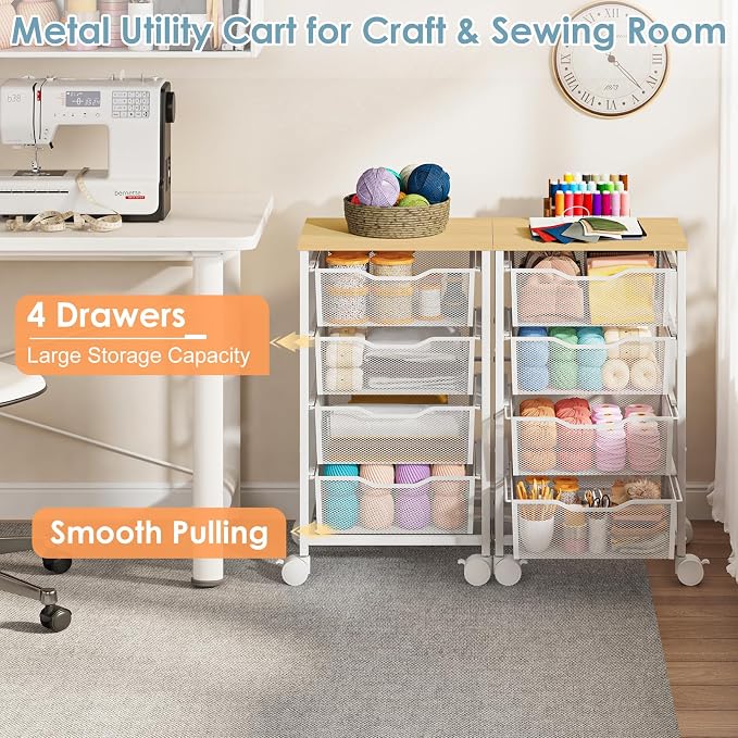 Hongtamoya Rolling Cart with Drawers, Storage Cart with Wheels Metal Rolling Drawer Cart with Lockable Wheels and Wood Tabletop Craft Storage Art Cart for Living Room Bedroom Classroom Office White