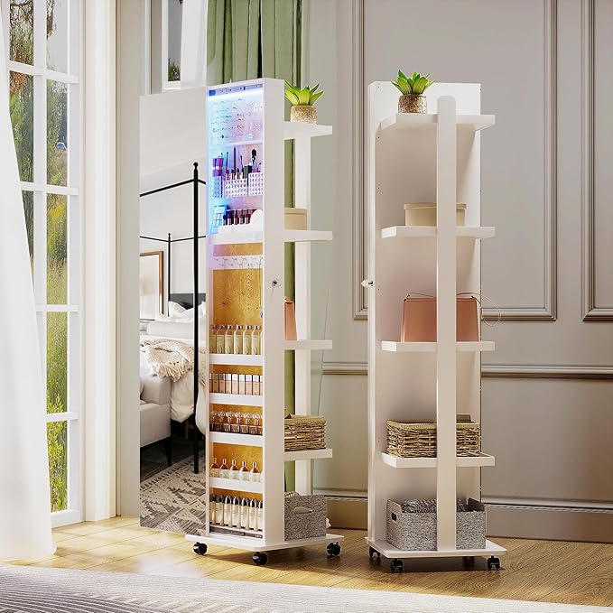 Lvifur 360° Rotating LED Jewelry Armoire,Side Pull Full Length Mirror Large Capacity Floor Standing 3 Color Dimmable Jewelry Organizer Armoire with 4 rollers,Rear Storage Shelves