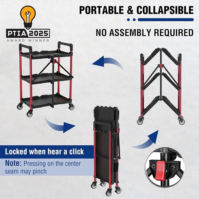 WORKPRO 3-Tier Collapsible Service Cart, Black/Red, 210 LBS Foldable Utility Cart with Wheels, Portable Rolling Tool Cart for Garage, Warehouse, Home, Restaurant and Office (No Assembly Required)