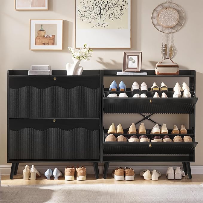 BERRYMERRY 31.5” Fluted Shoe Cabinet Storage with 2 Flip Drawers,Freestanding Narrow Shoe Storage Organizer Cabinet with Wave Profile for Entryway,Hallway,Living Room (2 Drawers Black)