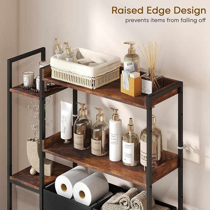 Over The Toilet Storage Rack, 7-Tier Over Toilet Bathroom Organizer with Adjustable Shelf, Above Toilet Storage with Hooks, Space-Saving, Brown Shelf
