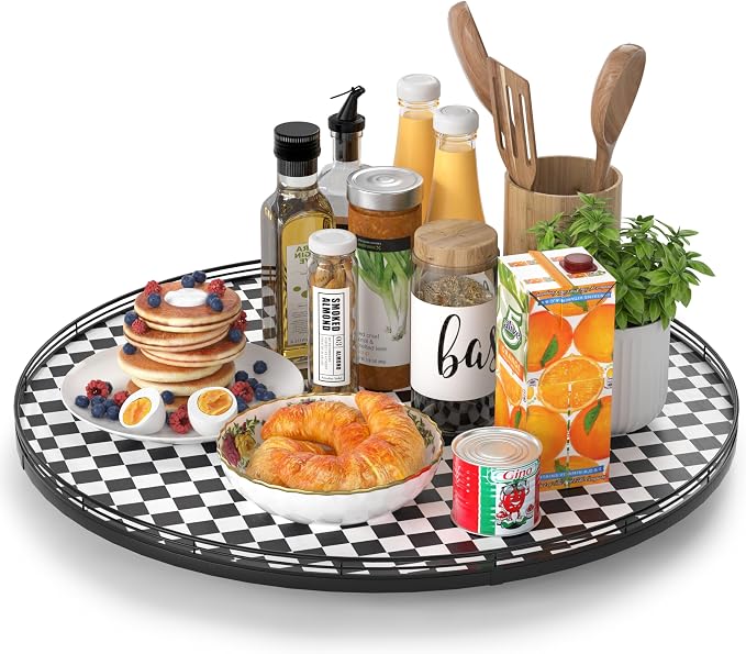 24" Black and White Kitchen Lazy Susan Turntable, Round Checkered Decorative Tray, Large Lazy Susan for Dining Table Centerpiece, Pantry, Kitchen, Bathroom, Countertop, Cupboard, Home Decor