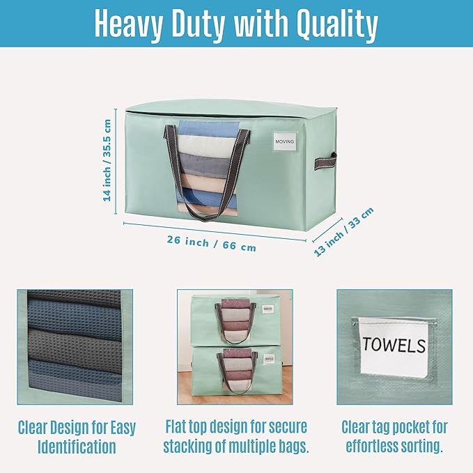 VENO 6 Pack Heavy Duty Moving Bags, Clothes and Comforter Storage Bags with Clear Window, College Dorm Essentials Packing Supplies, Foldable Boxes Alternative (Light Green Matte, 6 Pack)