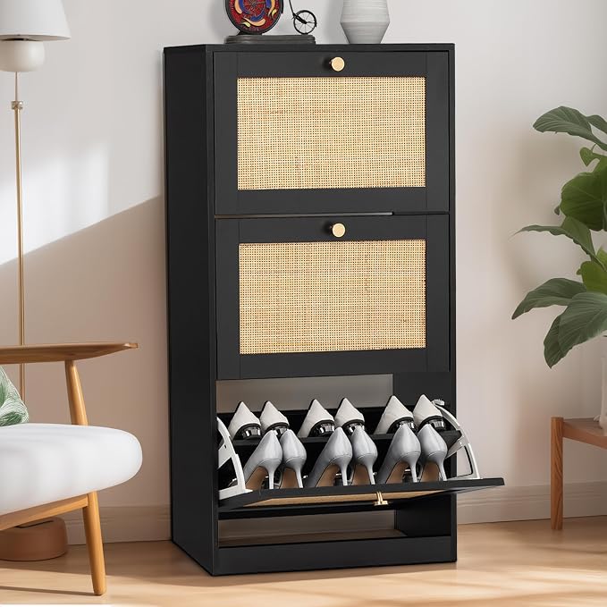 Finnhomy 3 Tier Shoe Cabinet with Natural Rattan Flip Drawers for Entryway, Free Standing Slim Shoe Storage Organizer with Large Top Board, Shoe Cabinet with Adjustable Width Drawers, Black
