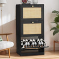 Finnhomy 3 Tier Shoe Cabinet with Natural Rattan Flip Drawers for Entryway, Free Standing Slim Shoe Storage Organizer with Large Top Board, Shoe Cabinet with Adjustable Width Drawers, Black