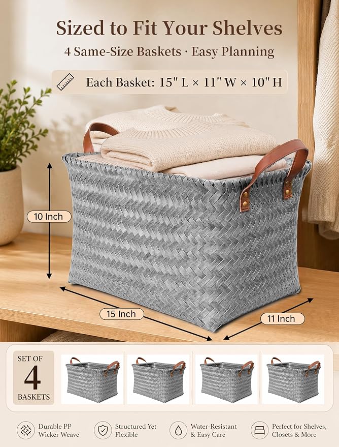 Hand Woven Baskets for Storage, 4Pcs Water-Resistant Wicker Baskets, Grey Wicker Storage Baskets for Shelves, Large Basket with Handle for Organizing, Clothes, Laundry, Blanket - Rectangular
