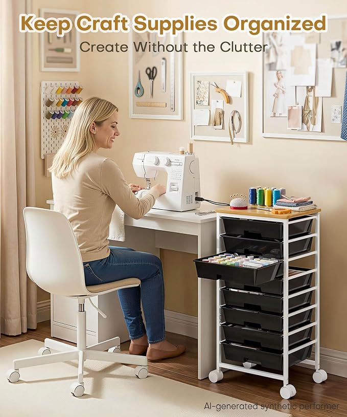 Homde Rolling Storage Drawer Cart: 8-Drawer Sort to Clear Desk & Dresser Clutter - Anti-Fall Smooth Glide Prevents Spill-Out During Daily Grab - Lockable Wheels Keep It Steady