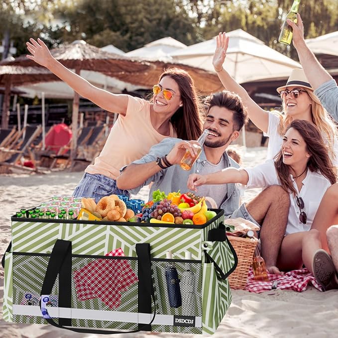 Upgrade Extra Large Utility Tote Bag with Reflective Strip, Standing Reusable Grocery Bags with Hard Bottom, Collapsible Utility Tote with Handles for Shopping, Beach, Picnics, Car, Twill Green