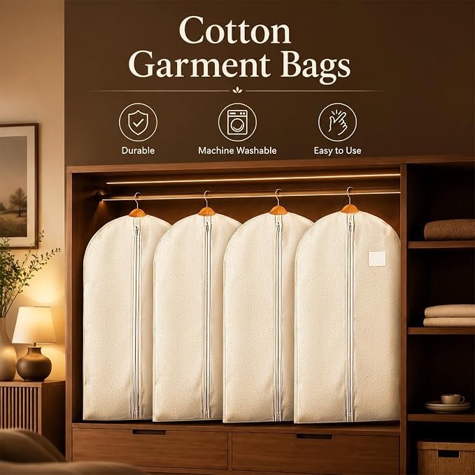 6 Pack Cotton Garment Bags 40" Garment Storage Bags for Hanging Clothes | Beige Travel Breathable Washable Suit Covers with ID Card Holder for Coats Jackets Shirts Short Dresses Closet Storage