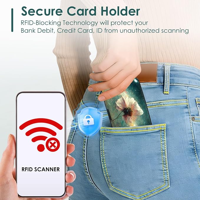 Mini Credit Card Holder, RFID Blocking Aluminum Hard Case, Small Metal Wallet for Business Travel, Starry Sky Flower