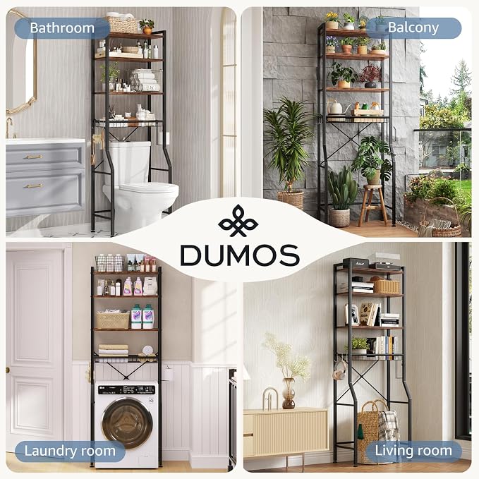 DUMOS Over-The-Toilet Storage Rack, 4-Tier Bathroom Organizer with Basket | Freestanding Above Toilet Storage Cabinet with Adjustable Shelf, Space Saver Bathroom Cabinet with 3 Hooks for Rooms, Brown