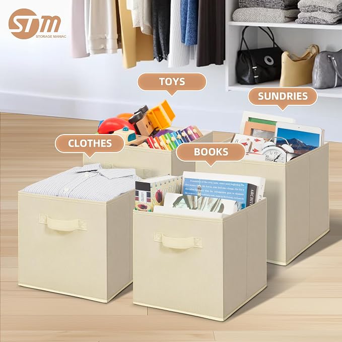 STORAGE MANIAC Storage Cubes, 11 Inch Collapsible Storage Bins with Handles, 10 Pack Fabric Foldable Bins for Organization, Durable Storage Bins for Closet, Shelves, Offices, 10-Pack Beige