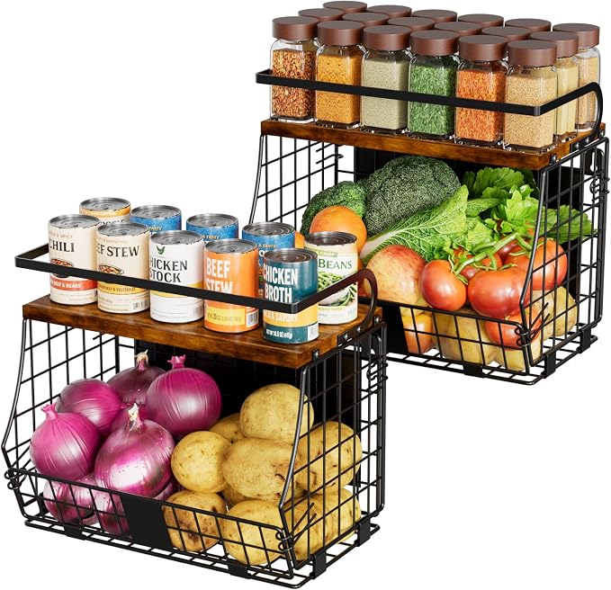 Magnetic Shelf for Fridge with Wood Top & Produce Basket – 2-in-1 Magnetic Spice Rack for Refrigerator – Space-Saving Kitchen Organizer for Fruits, Potatoes, and Onions (with Hooks)