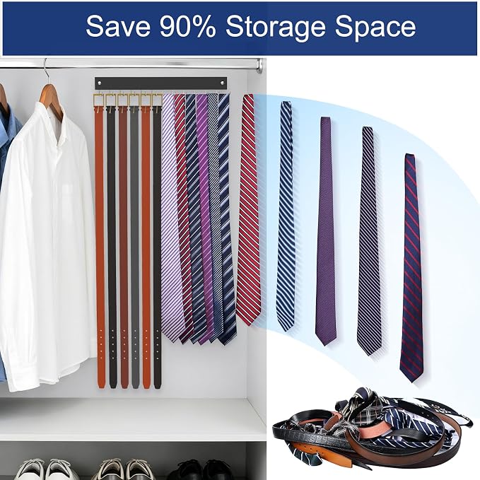 2 Pack Belt Hanger Wall Mount, Large Capacity Tie and Belt Organizer for Wall with 24 180°Rotating Non Slip Hooks, Heavy-Duty Wooden Tie Rack Space Saving Closet Organizers and Storage, Black