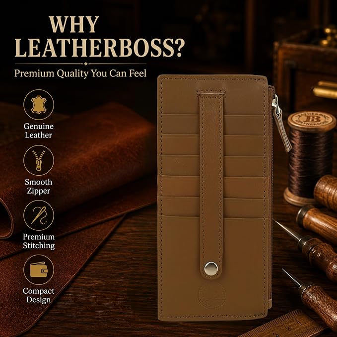 All in One Card Case Holder Slim Wallet With a Card Protection Strap by Leatherboss (Tan)