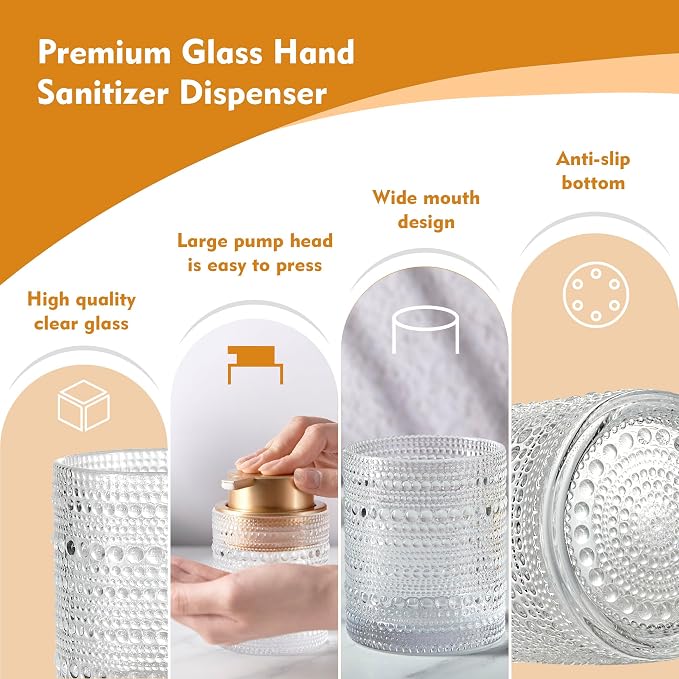 12oz Glass Foaming Soap Dispenser with Gold Pump, Hand Soap Bottles | Clear refillable bottle for bathroom hand soap, liquid, lotion. Cute decorative glass container. Easy to refill and clean