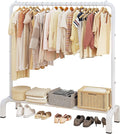 JIUYOTREE Metal Clothing Rack, 43.3 Inches Clothes Garment Coat Rack with Bottom Shelf for Hanging Skirts, Shirts, Sweaters, White