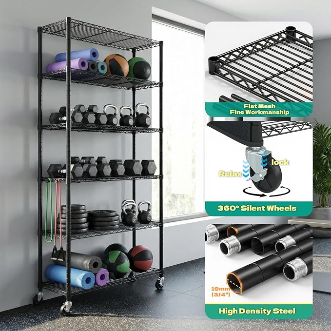 Wire Shelf Rack with 600D Oxford Cover & Wheels, 30"W x 14"D x 72"H | 6-Tier Heavy Duty Wire Shelving with Wheels, Waterproof & Dustproof Shelf Cover for Kitchen, Pantry & Laundry Room
