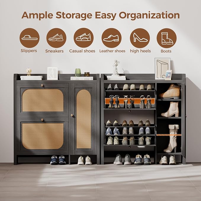 Mericonia Shoe Cabinet Storage for Entryway with 2 Flip Drawers(3-Tier), Rattan Freestanding with Door & 3 Adjustable Shelve,Hidden Shoe Rack Organizer for Hallway, Foyer