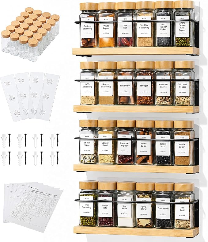 4-Tier Wall Mount Spice Rack Organizer with 24 Glass Jars, 216 Labels & Funnel - Screw/Adhesive Mount, Black Metal & Bamboo Spice Storage for Kitchen Pantry Cabinet, 11.6”W x 2.4”D x 3.2”H