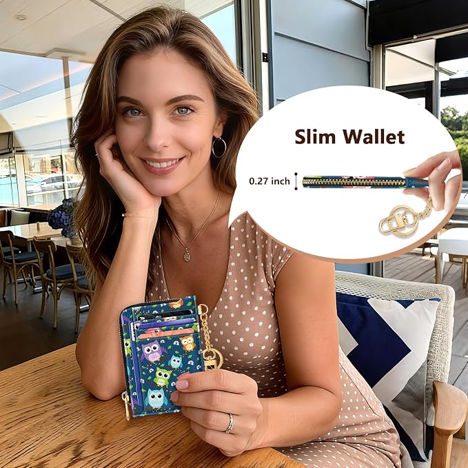 GIANCOMICS Slim Wallet Credit Card Holder Women, Owls Rfid Blocking Small Card Case, Keychain Thin Pocket Curved Zipper Wallet, Travel Card Holder PU Leather ID Window, Ladies Female Gifts
